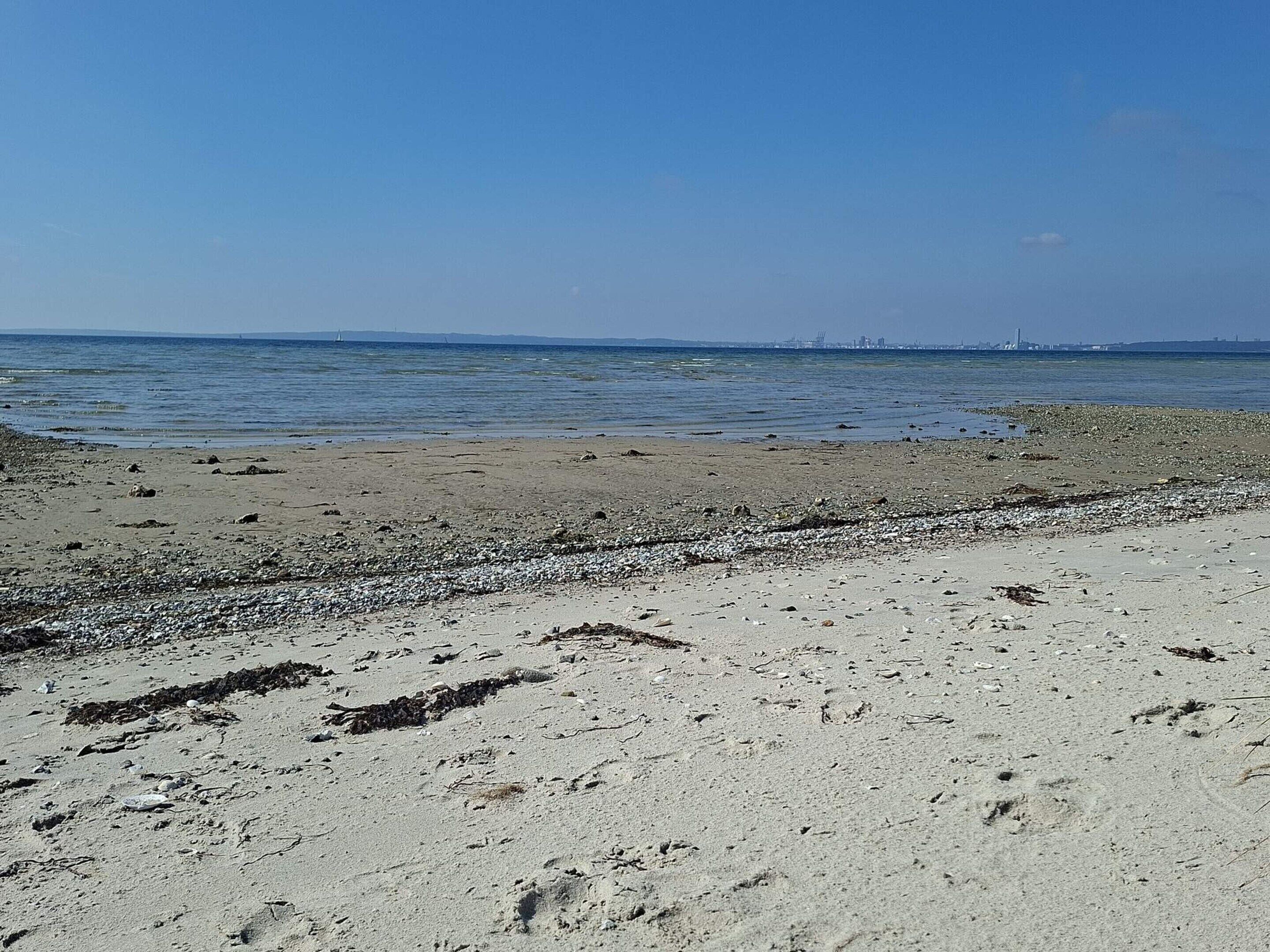 A beach with a rocky shoreline and a clear view of the ocean.