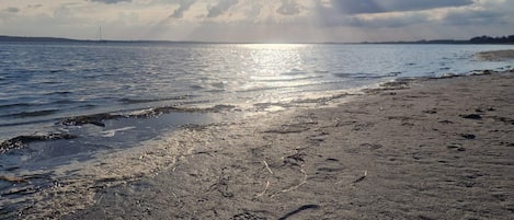 A beach with footprints, a distant sailboat, and a cloudy sky.