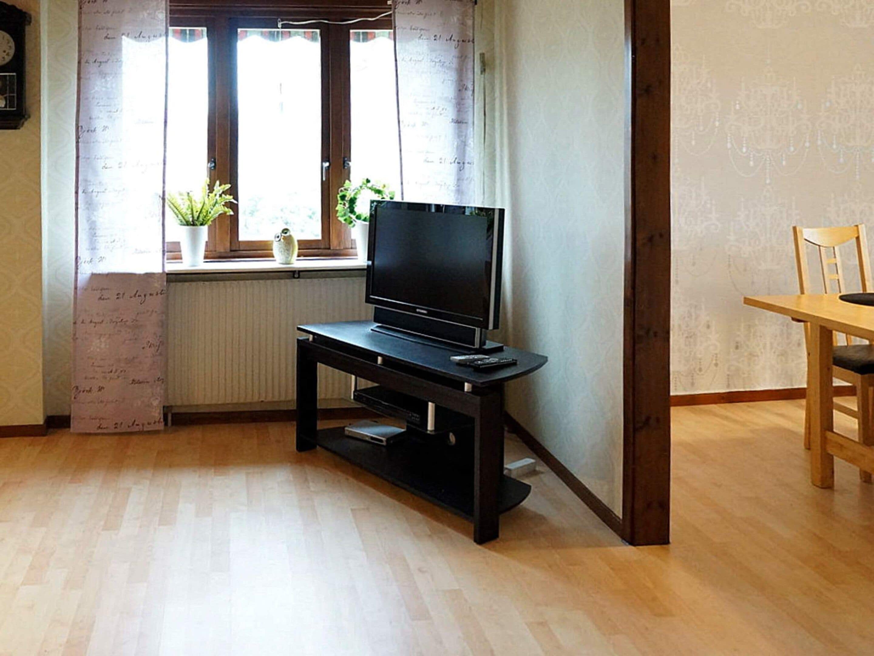A living room with a television on a stand, a window with curtains, a potted plant, and a wooden dining table.