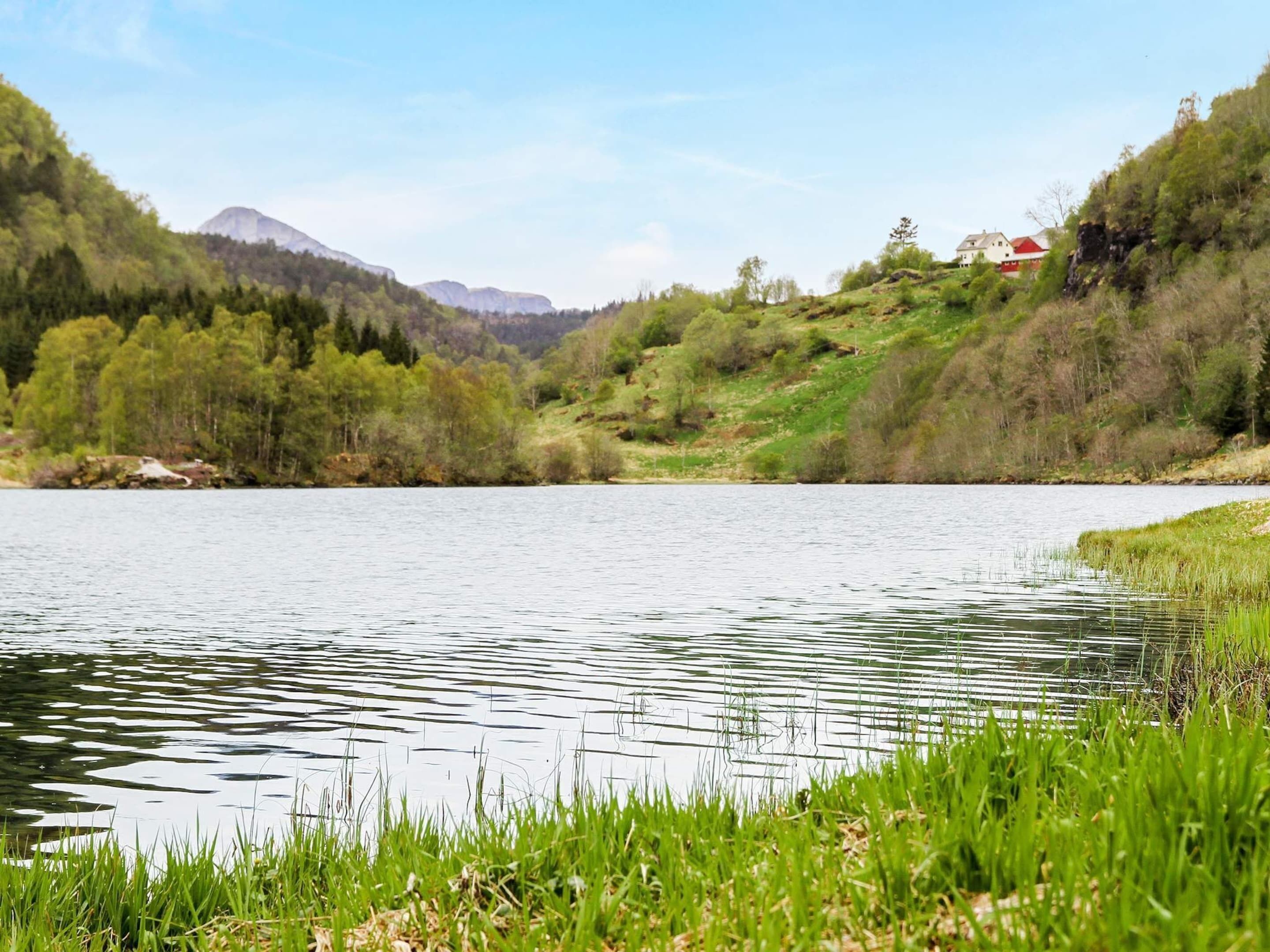 Um lago sereno rodeado por vegetação exuberante e uma montanha ao fundo.