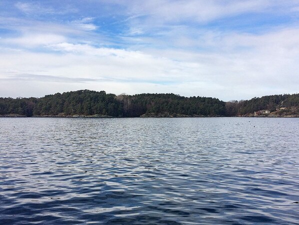 Um lago calmo com margens arborizadas e céu claro.