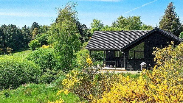 Una casa moderna con techo inclinado, ventanas amplias y porche cubierto.