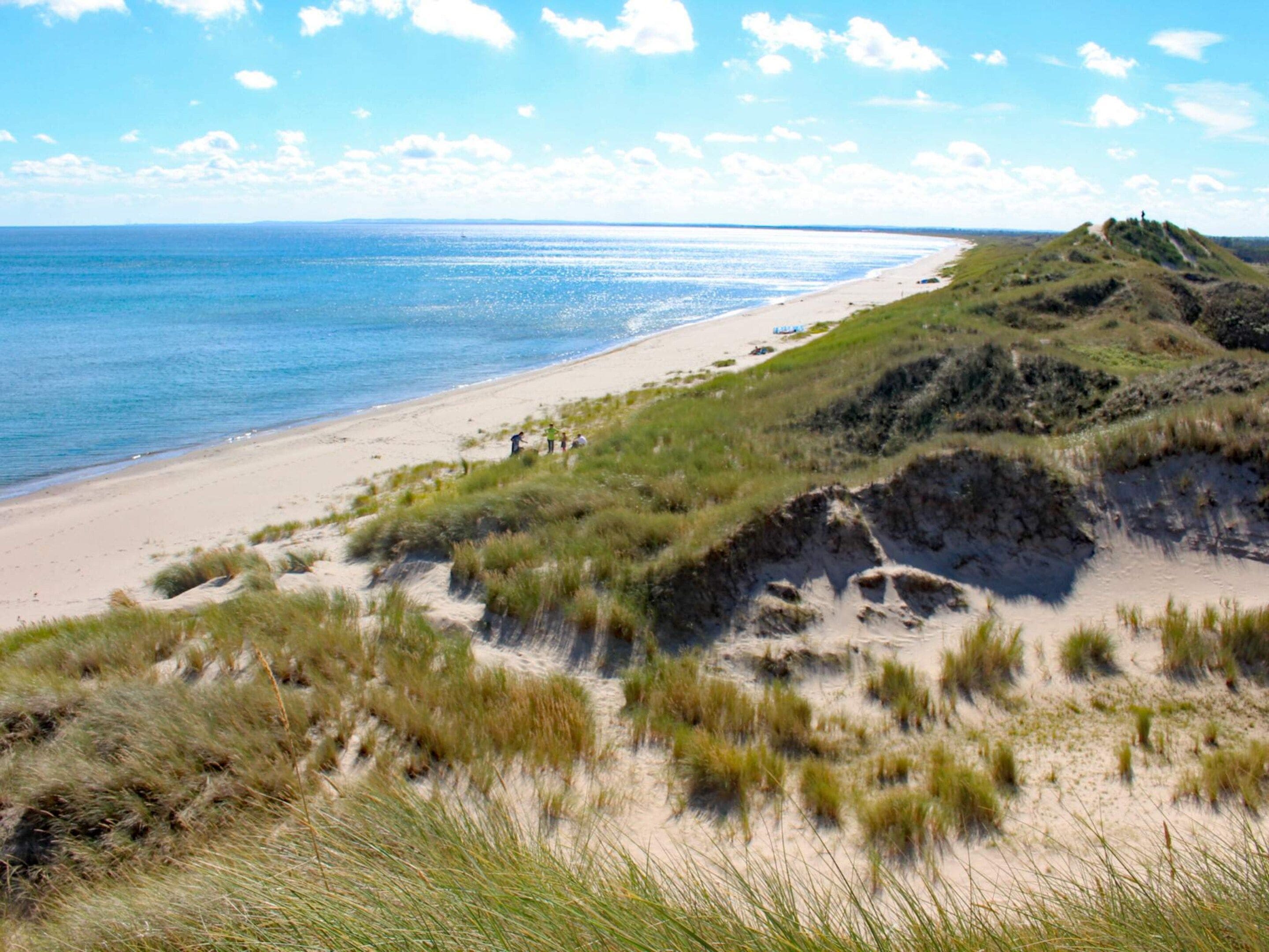 Una platja amb dunes i un cel serè.