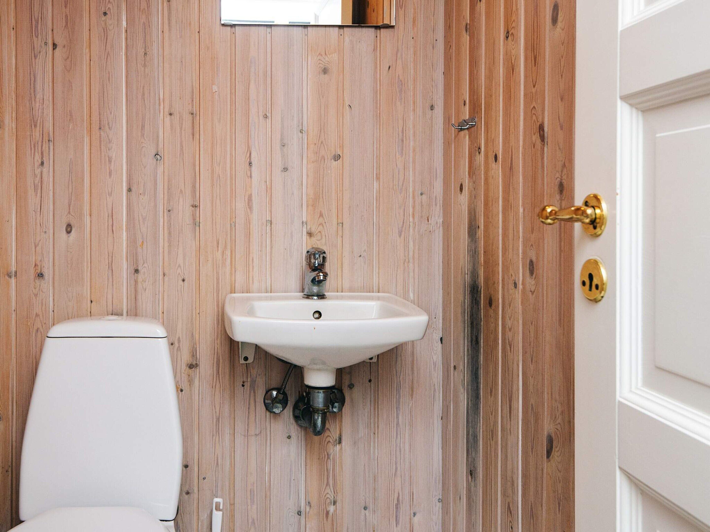 A bathroom with a wooden wall, a white sink, and a toilet.