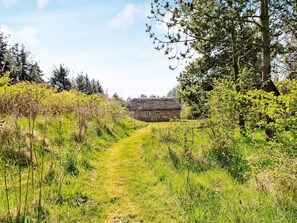 Escape to a serene retreat surrounded by lush greenery and a path leading to the cottage entrance.