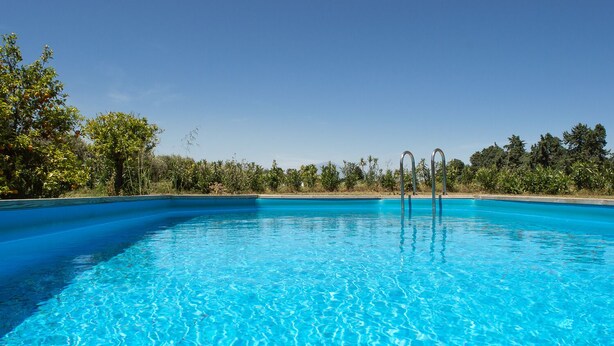 A clear blue swimming pool with metal ladders, surrounded by lush greenery and trees. - Tenuta San Calogero (Augusta)