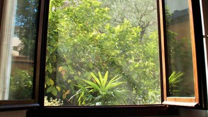 Une fenêtre donnant sur un bâtiment surmonté d’un dôme et d’une croix, le tout entouré de verdure.