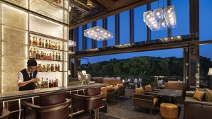 Zona de bar con un cantinero, un interior bien iluminado y vistas al exterior.
