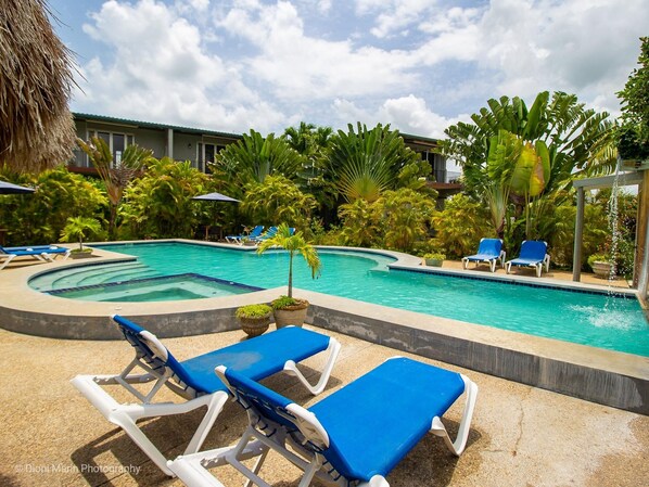 Alberca al aire libre, sombrillas en la alberca y camastros 