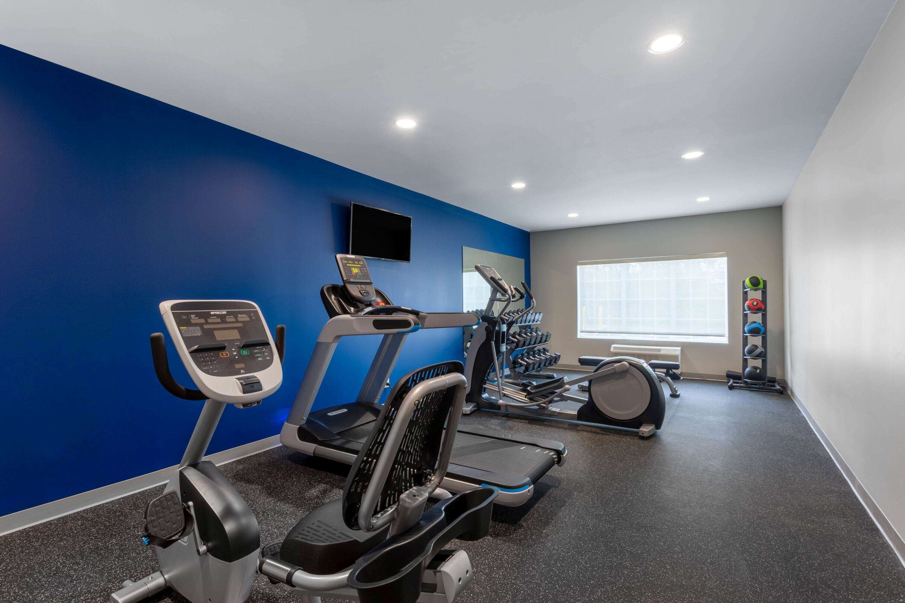 A gym with treadmills, elliptical machines, and a weight rack.
