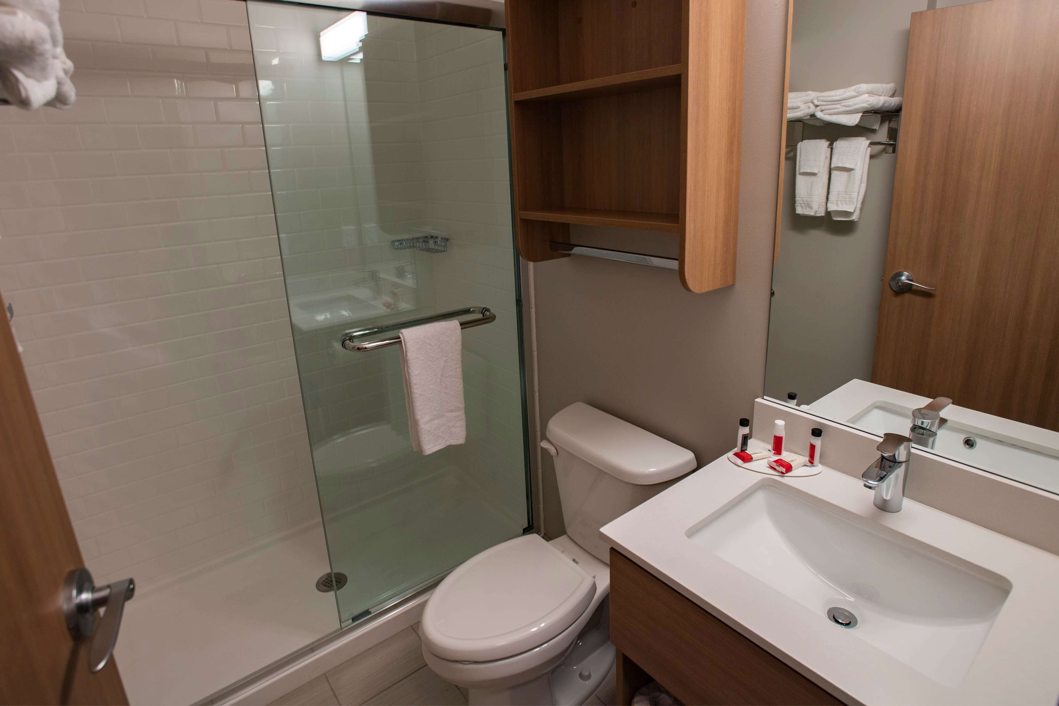 A modern bathroom with a glass shower enclosure, a white toilet, and a sink with toiletries.