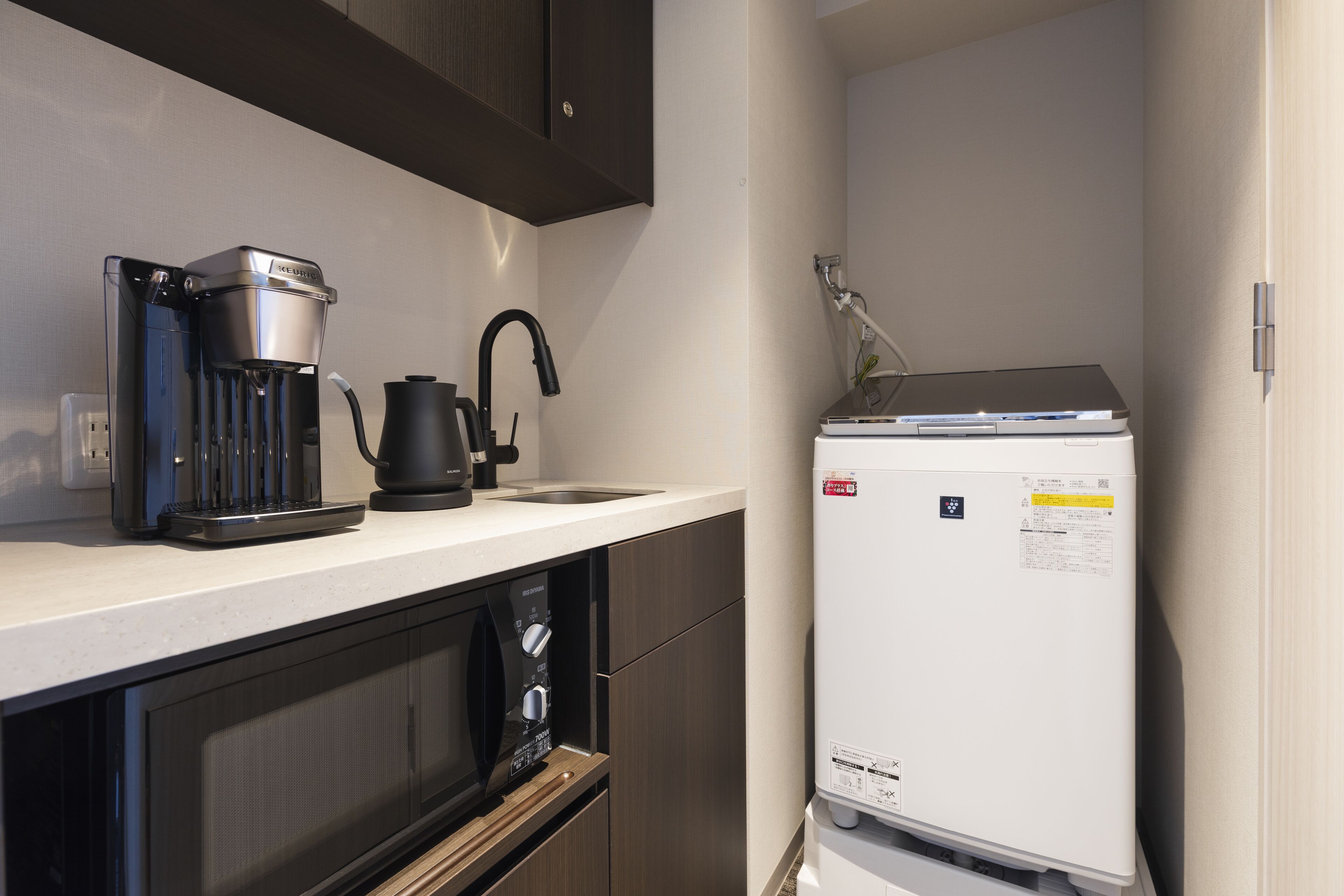 mini-fridge, microwave, electric kettle