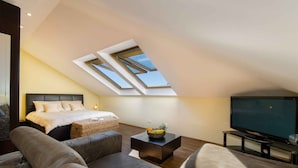 Un soggiorno moderno con un letto, una televisione a schermo piatto e un lucernario.
