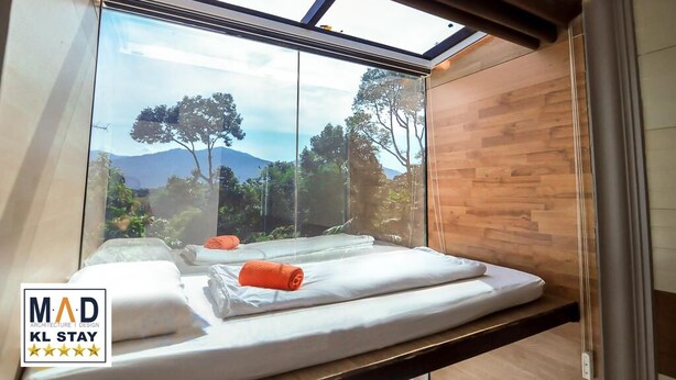 A modern hotel room with a large skylight, wooden paneling, and a view of trees and mountains.