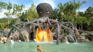 A water park with a large octopus sculpture and a water slide.
