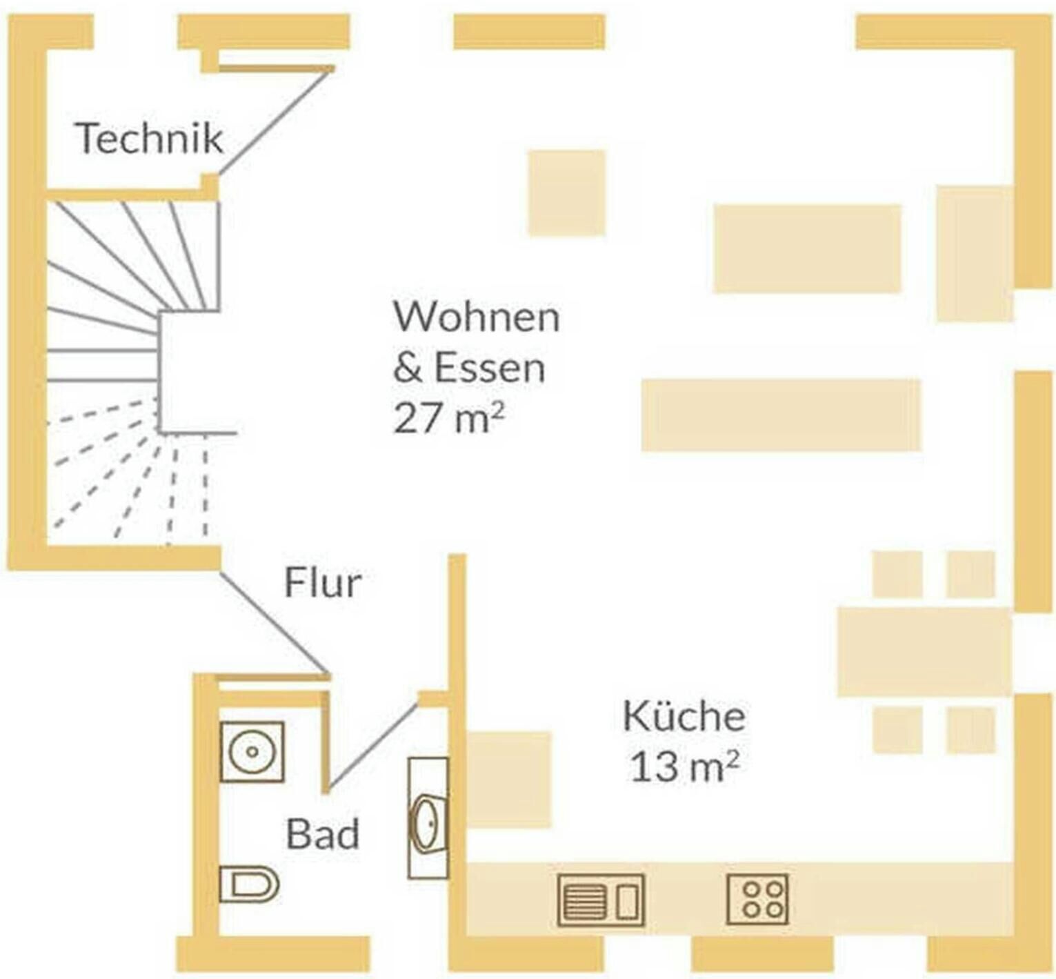 Un plan d’étage comprenant une pièce technique, une salle de bain, un espace de vie et de repas de 27 m², un couloir et une cuisine de 13 m².