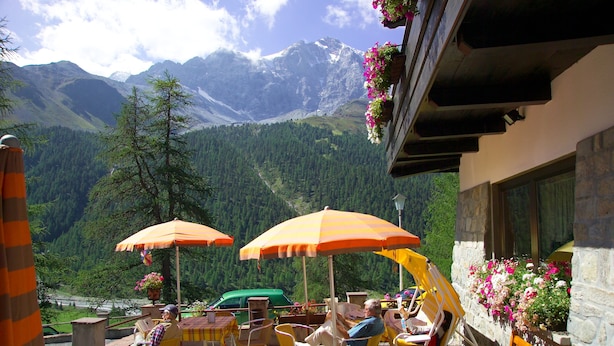 A terrace with outdoor seating, a view of mountains, and a green car parked nearby. - Hotel Zebru (Stelvio)