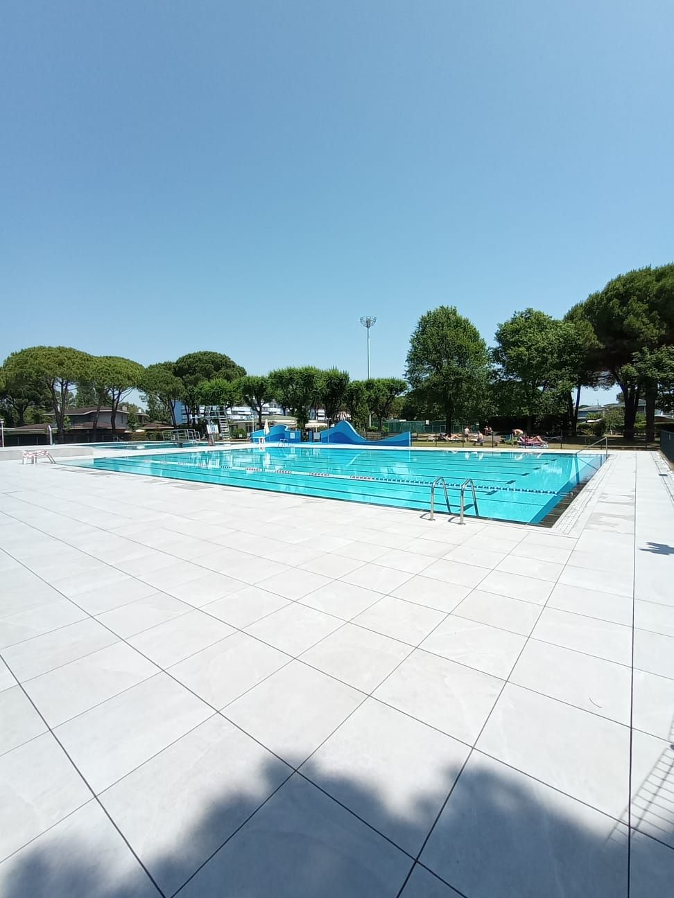 A swimming pool with clear blue water, surrounded by a tiled deck and trees.