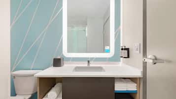Shower, eco-friendly toiletries, hair dryer, soap