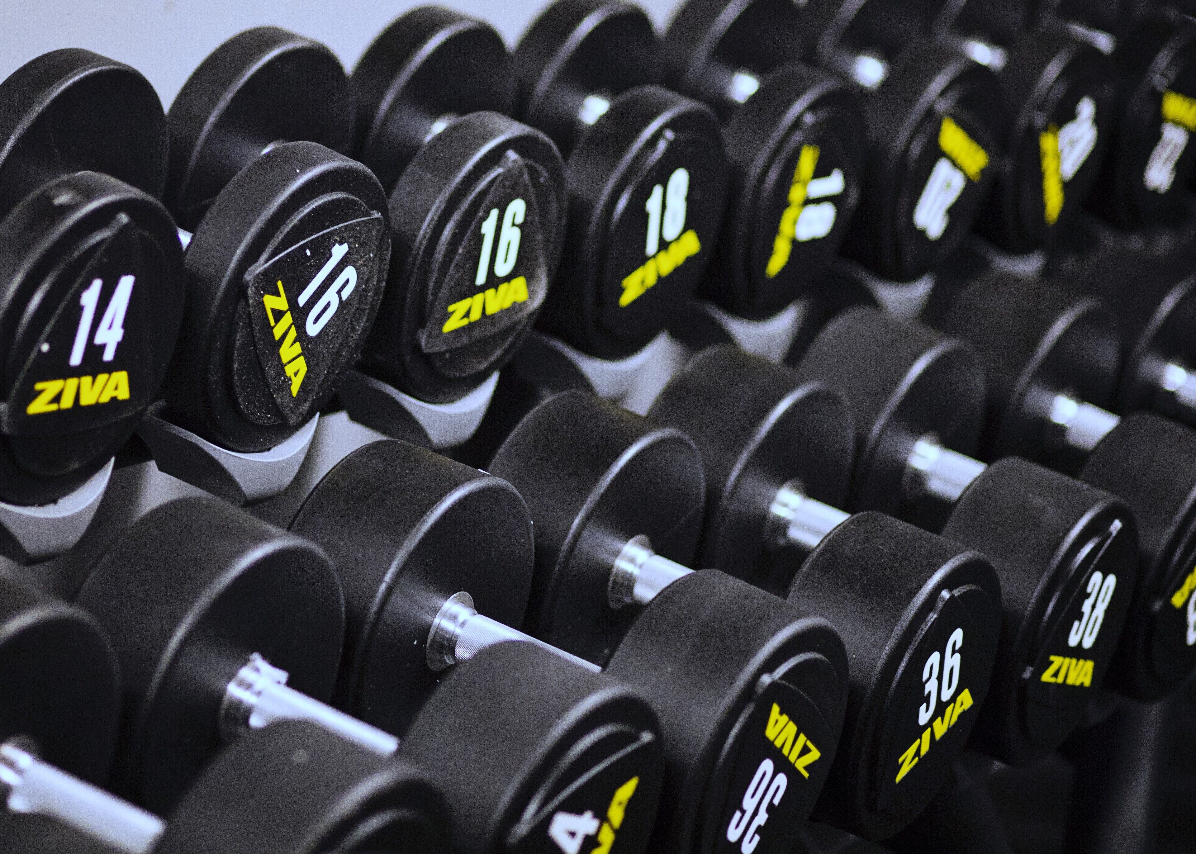 A rack of black dumbbells with yellow and white labels indicating weight.