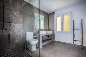 Regadera, secadora de cabello, toallas, papel de baño 