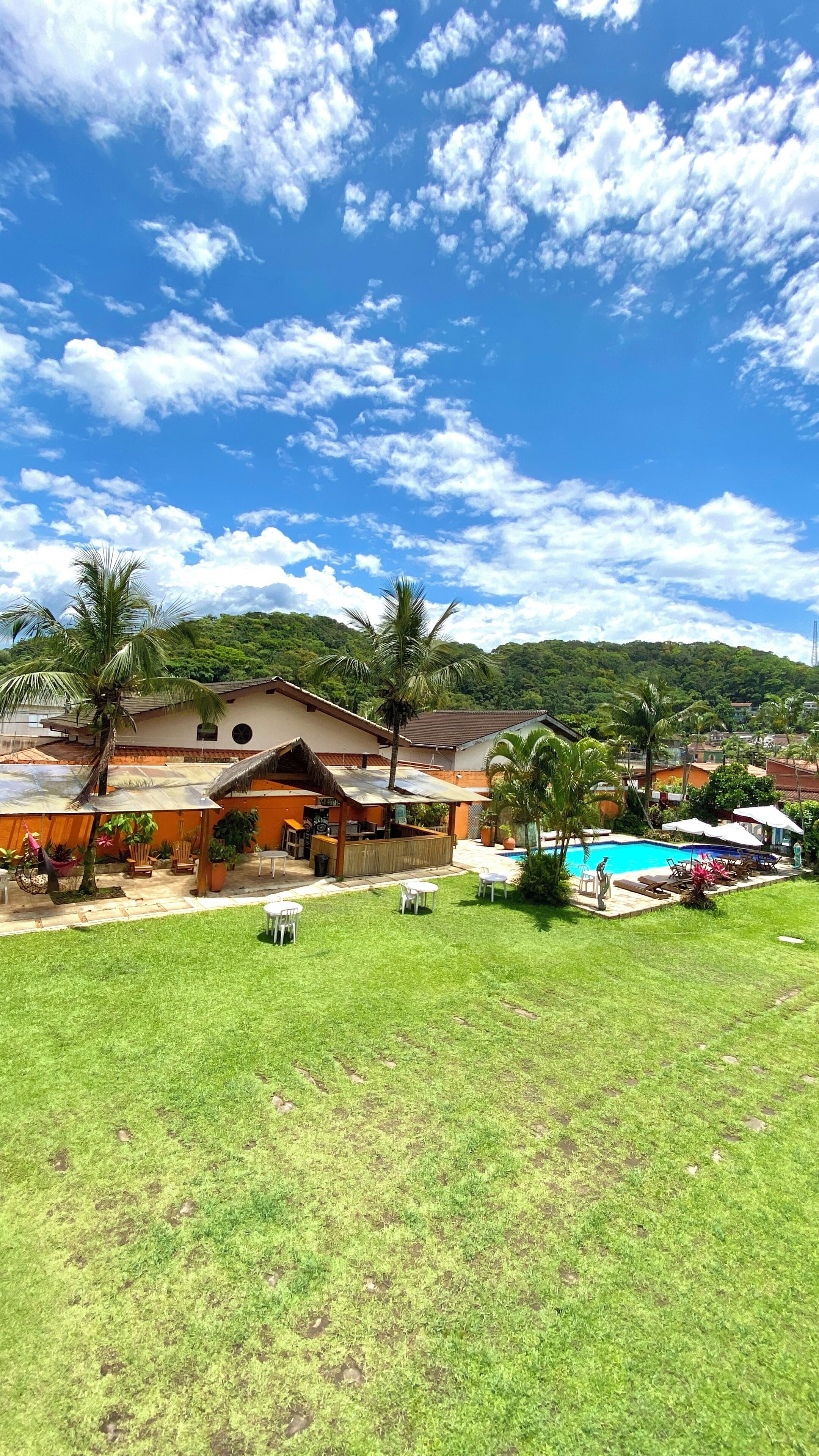 A residential area with a house, a swimming pool, and palm trees.