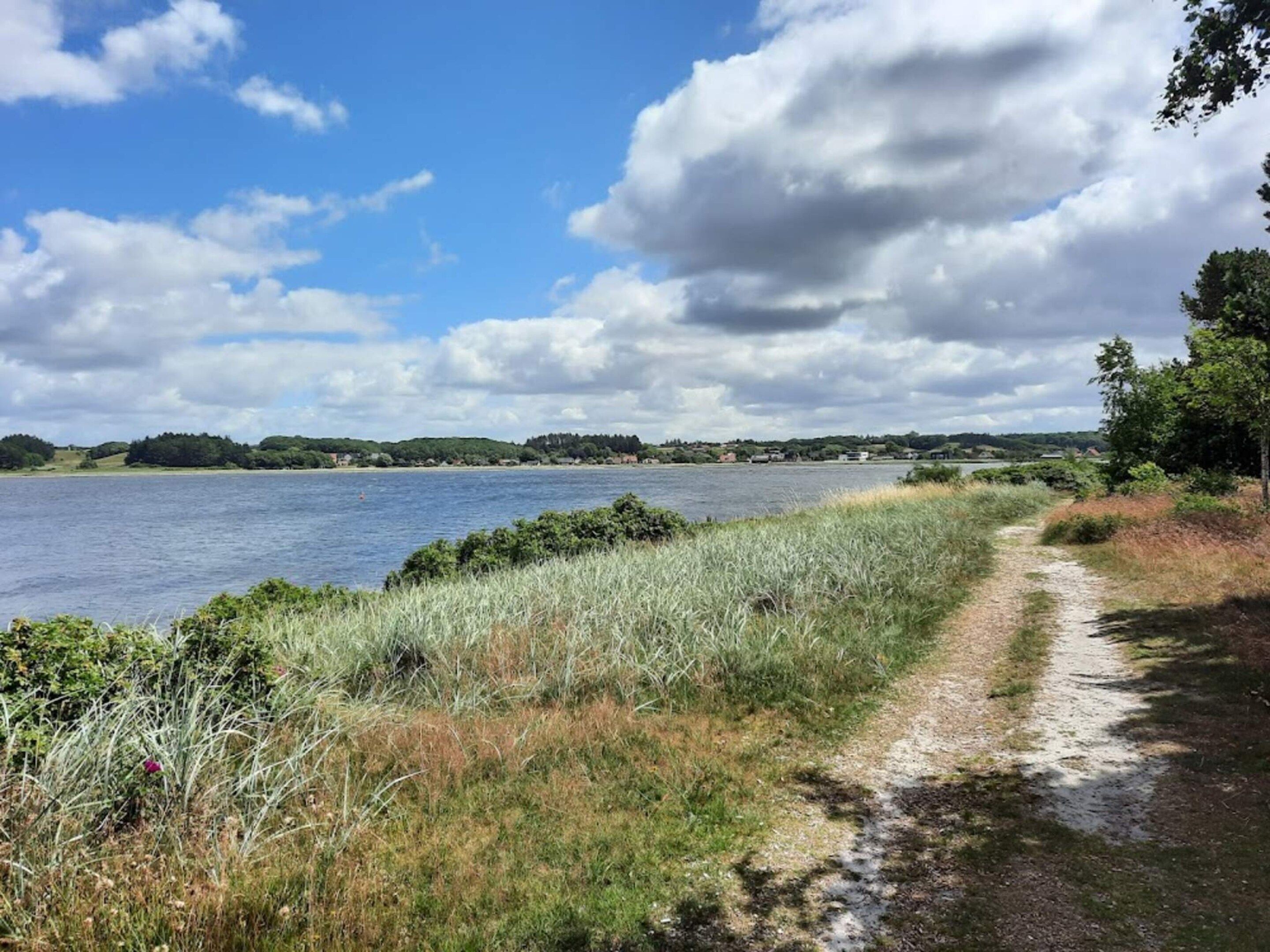 A riverside path with a clear view of the water and distant buildings.