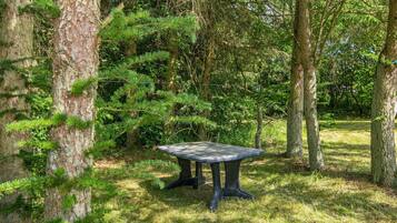 A table set in a forested area with trees and grass.