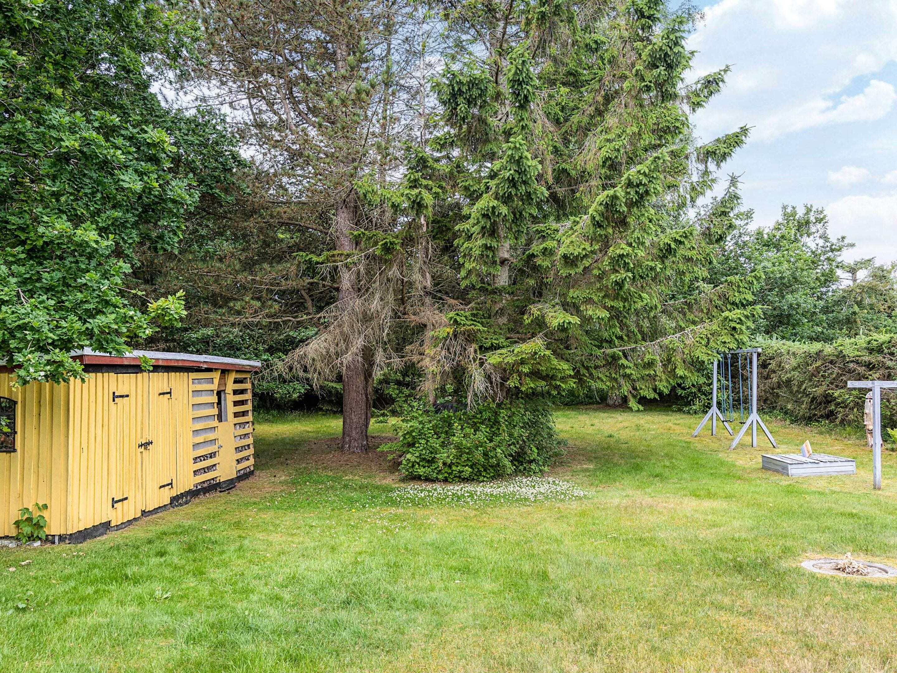 A yellow shed with a ladder, a small bush, a swing set, and a tree in a grassy yard.