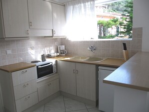 Fridge, oven, stovetop, coffee/tea maker