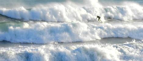 A surfer riding a wave with a mountainous coastline in the background.