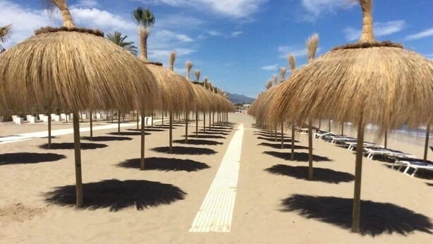 A beach with rows of thatched umbrellas and sun loungers.