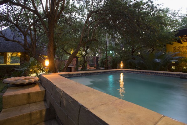 A swimming pool surrounded by trees and a brick wall. - Doringpoort Safari Lodge (Nkomazi)