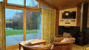 A modern living room with a TV, fireplace, and large windows overlooking a deck. - Exceptional lodge in private woodland with luxury steam room (Moneydie)