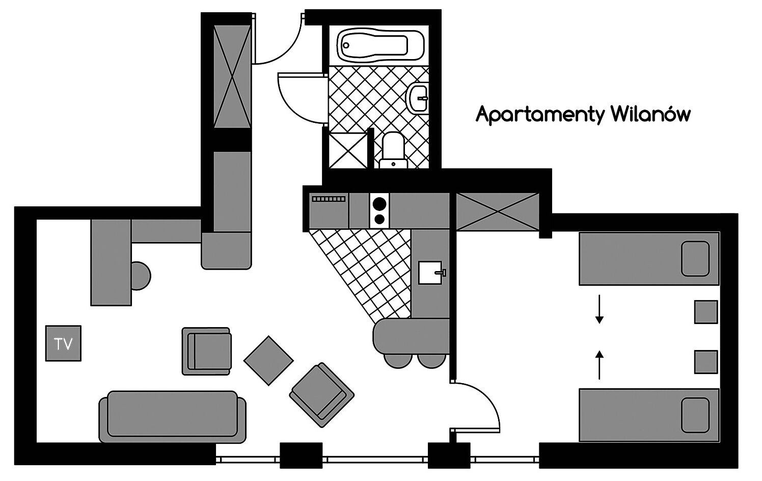 A floor plan of an apartment with a TV, kitchen, dining area, and a small bathroom.