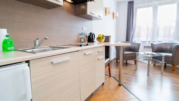 Basic Double Room, Kitchenette | Private kitchen | Fridge, stovetop, electric kettle, cookware/dishes/utensils