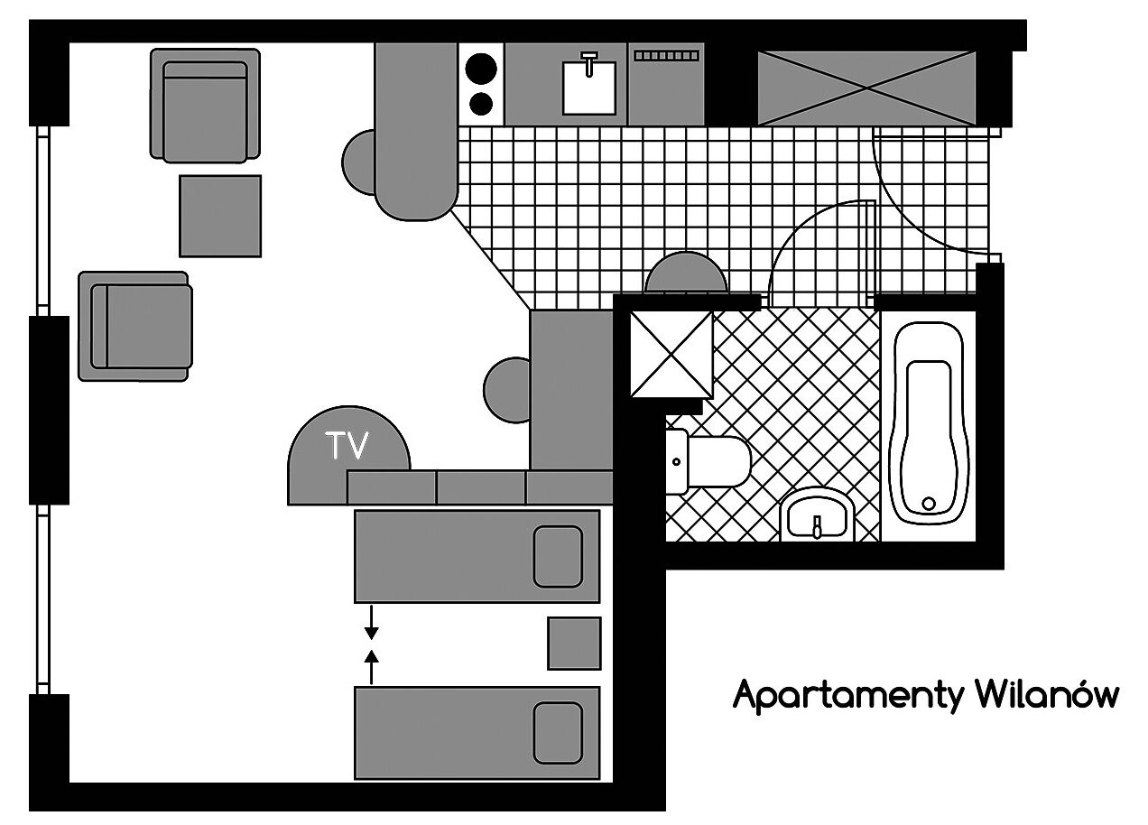 Un plan d’étage d’un appartement comprenant un salon avec télévision, une cuisine et une salle de bain.