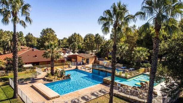A large swimming pool with multiple sections, surrounded by palm trees and a clear blue sky. - Camping de Pujol (Argelès-sur-Mer)