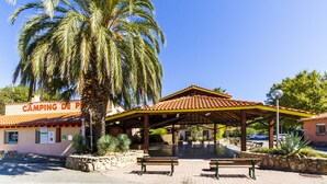 A covered pavilion with benches, a palm tree, and a building labeled "CAMPING DE". - Camping de Pujol (Argelès-sur-Mer)