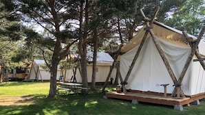 Un camping con tiendas de campaña y una mesa de picnic.