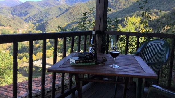 A wooden table with a book, a wine glass, and a bottle on a balcony with a view of mountains.