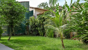A lush green garden with a variety of plants and trees, a concrete pathway, and a building with a green wall and a brown roof in the background. - Casa Viela da Paz (Ilhabela)