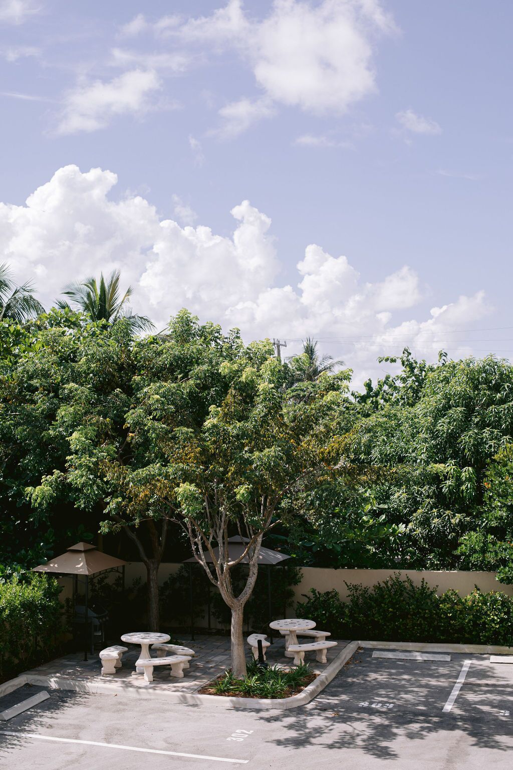 Ein Innenhof mit Außenbestuhlung, einem Baum und blauem Himmel.