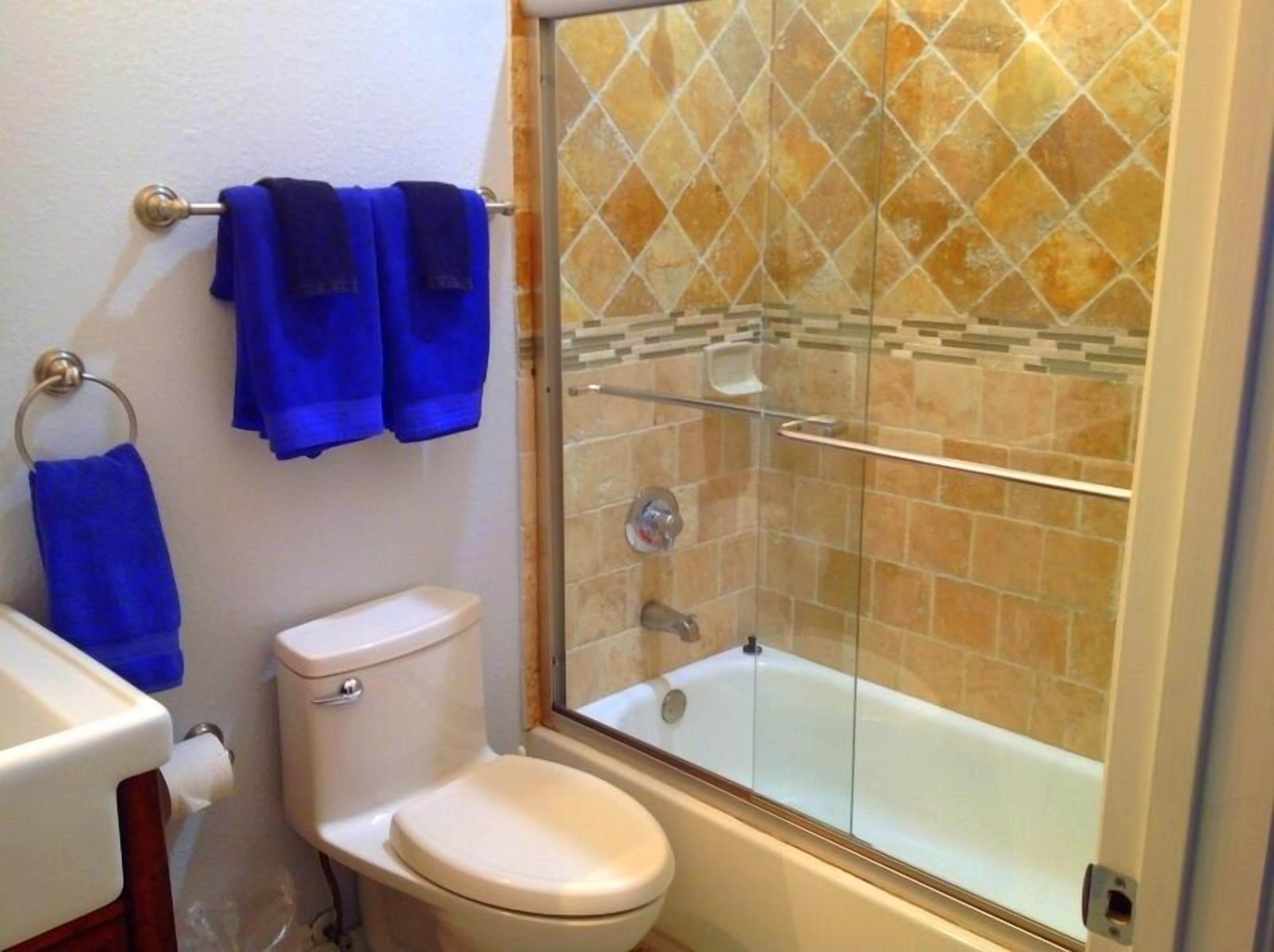 A bathroom with a toilet, a glass-enclosed shower, and a bathtub.