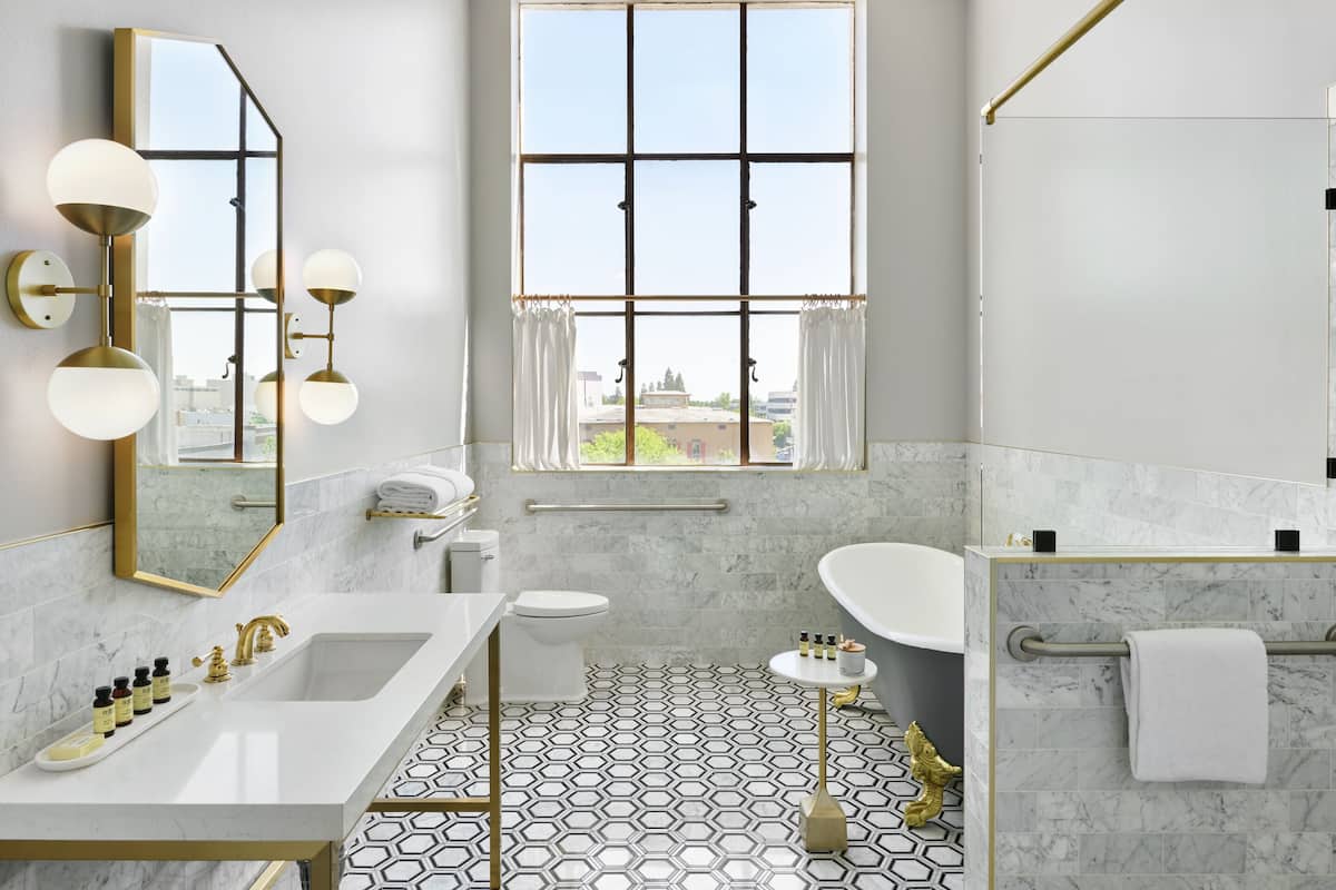 shower, rainfall showerhead, designer toiletries, hair dryer