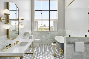 Shower, rainfall showerhead, designer toiletries, hair dryer - The Darling Hotel (Visalia)