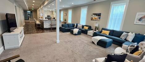 Smart TV, fireplace, books