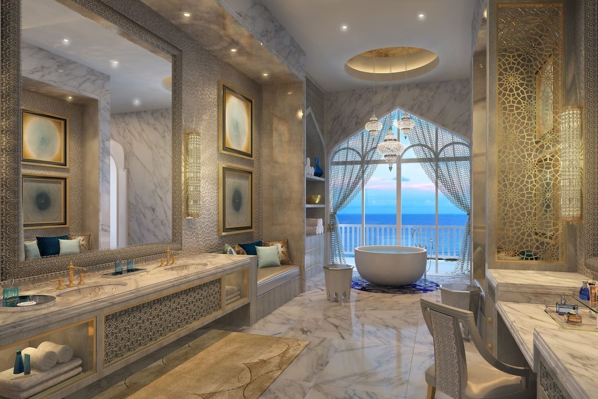 separate bathtub and shower, designer toiletries, hair dryer, bathrobes