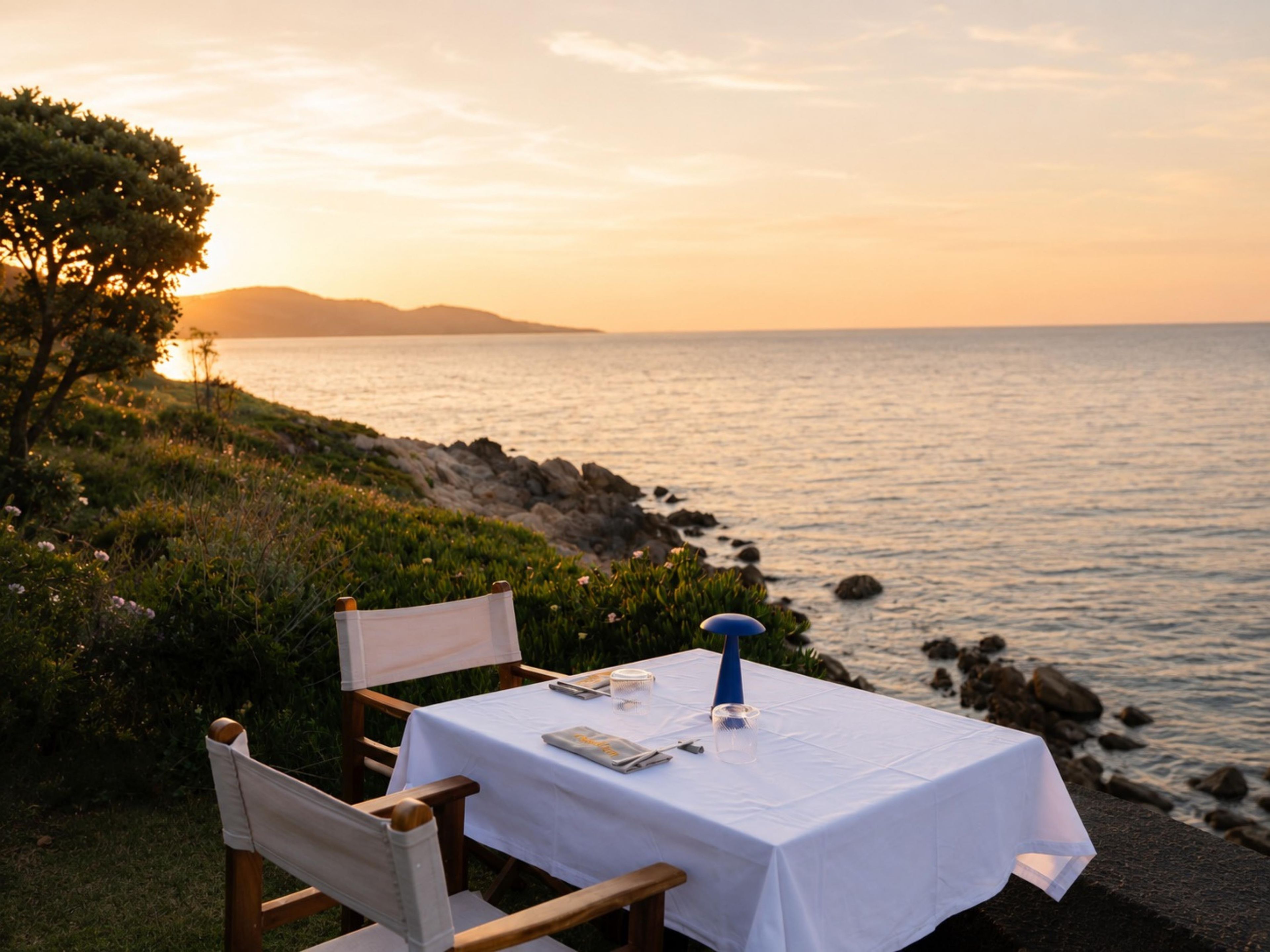 Mesa para dos con vista al mar al atardecer.