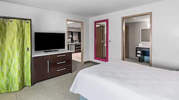 Suite, 1 Queen Bed, Accessible (Mobility & Hearing, Roll-in Shower) | Desk, laptop workspace, blackout curtains, iron/ironing board